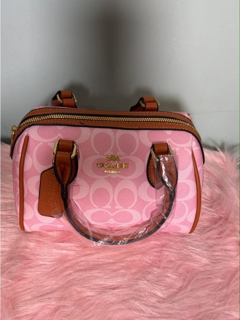 Coach Pink Signature Mini Satchel with Tan Trim